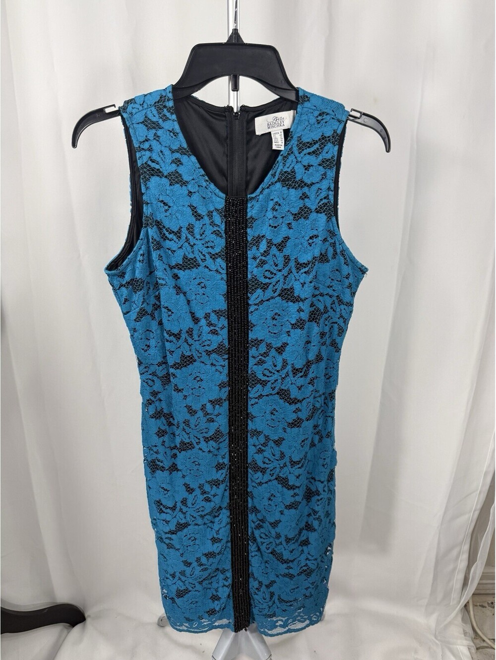 Belle Badgley Mischka Teal Blue Lace Sheath Dress Size 8 Black Beaded Cocktail